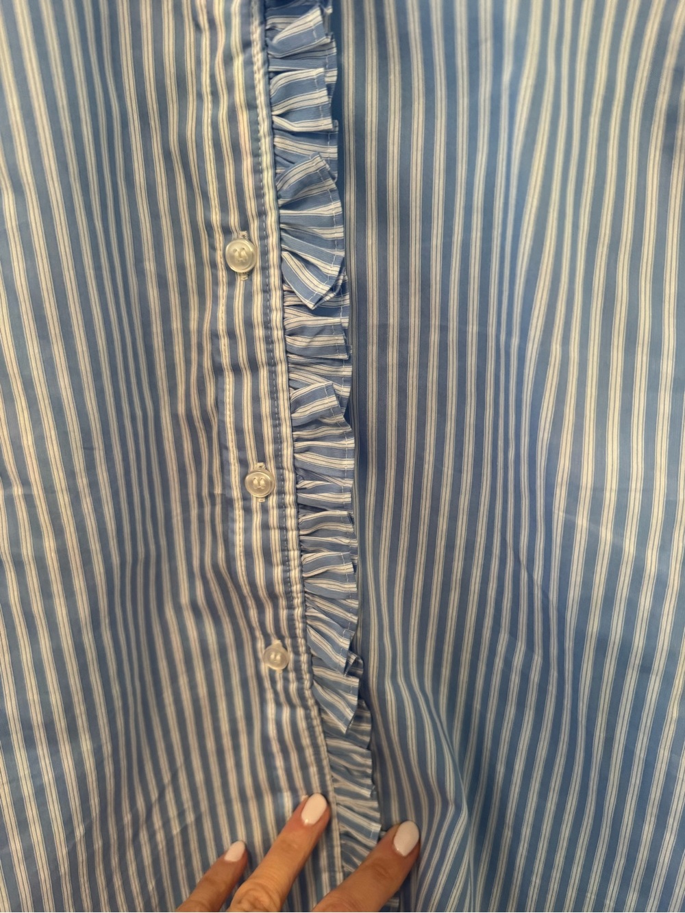H&M Striped Ruffle-Trim Blue Button-Up Blouse, Small - Picture 3 of 4